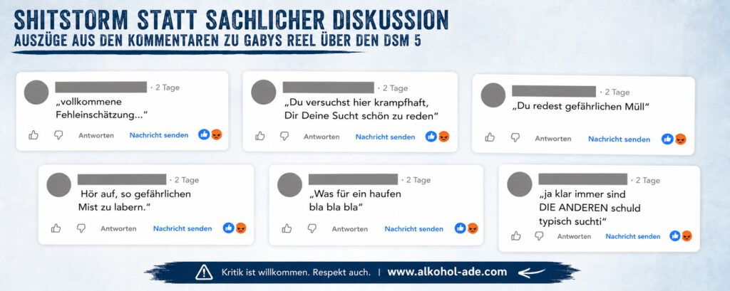 Dritte Collage anonymisierter Kommentare zum DSM-5-Reel von Gaby. Die Reaktionen reichen von „vollkommene Fehleinschätzung“ und „gefährlicher Müll“ bis zu persönlichen Angriffen und dem Vorwurf, die eigene Sucht schönzureden.