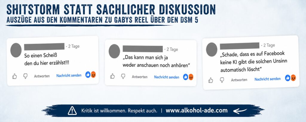 Vierte Collage anonymisierter Reaktionen auf Gabys DSM-5-Reel. Die Kommentare bezeichnen ihre Aussagen als „Scheiß“ und „Unsinn“, erklären den Beitrag für nicht anhörbar und wünschen sich sogar eine KI, die solche Inhalte automatisch von Facebook löscht.