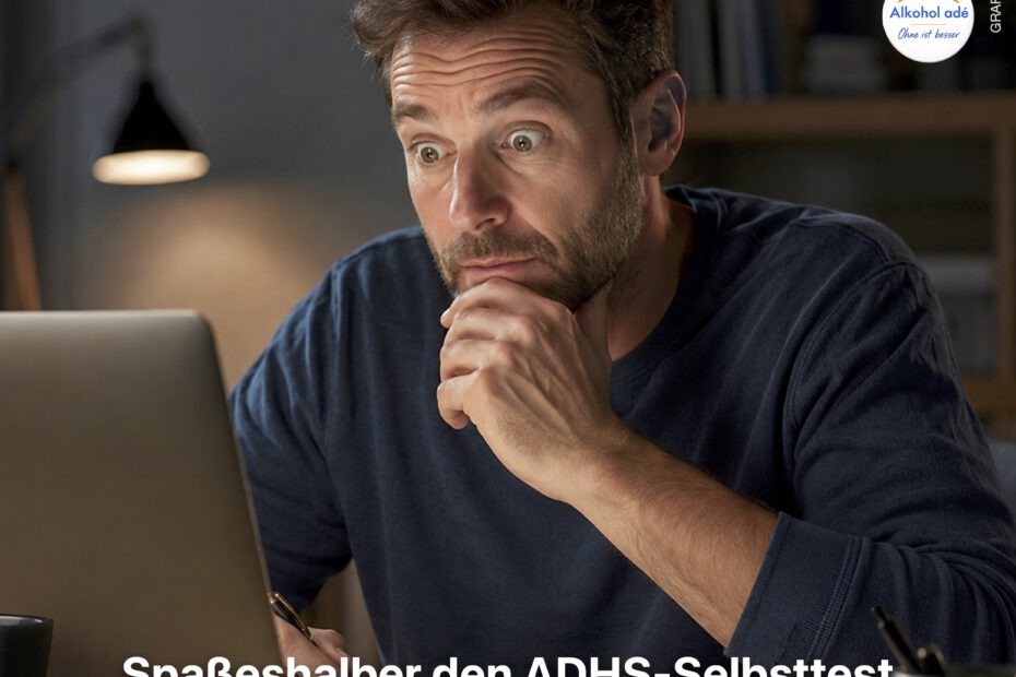 Mann sitzt abends an seinem Schreibtisch und blickt überrascht und nachdenklich auf das Ergebnis eines Selbsttests auf seinem Laptop.