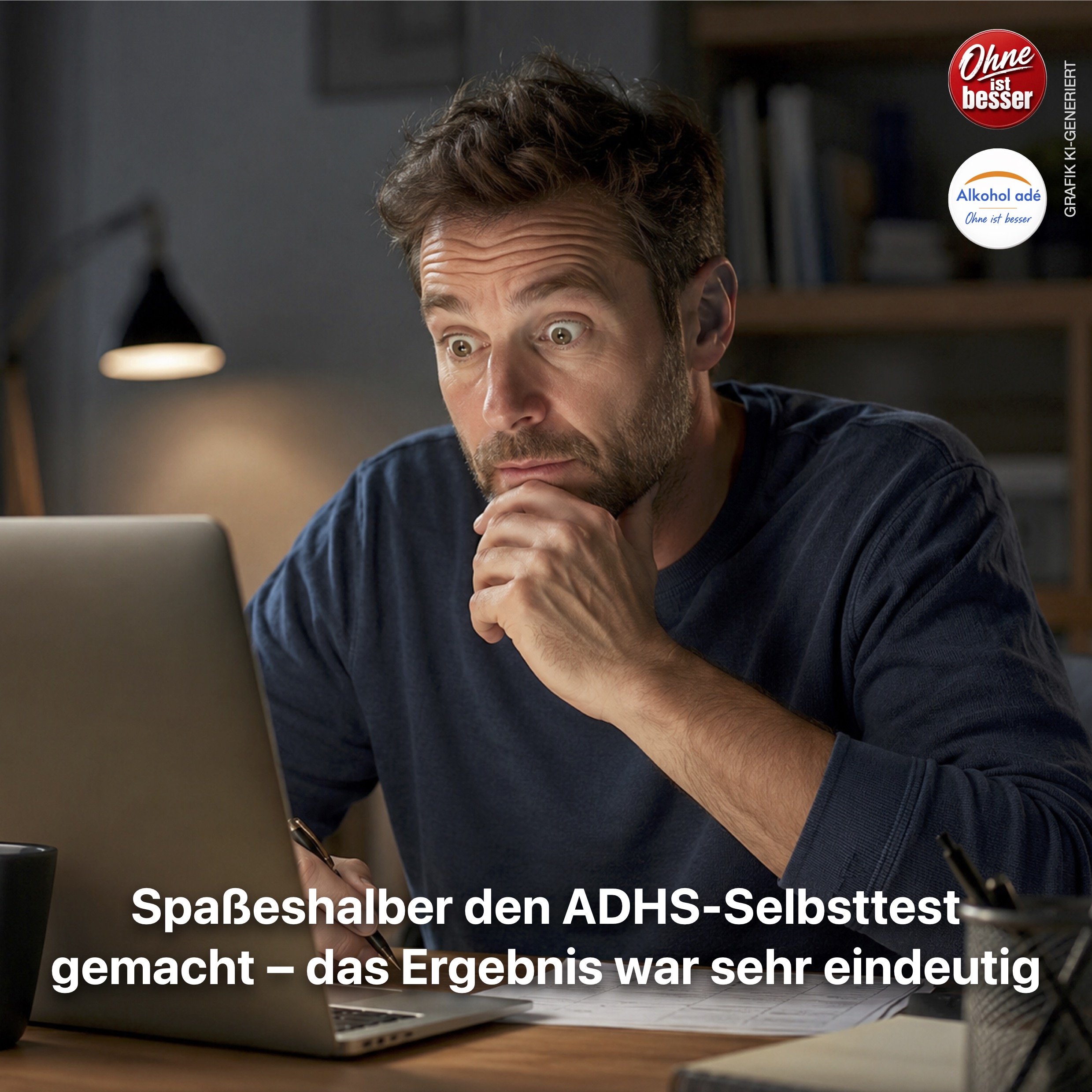 Mann sitzt abends an seinem Schreibtisch und blickt überrascht und nachdenklich auf das Ergebnis eines Selbsttests auf seinem Laptop.