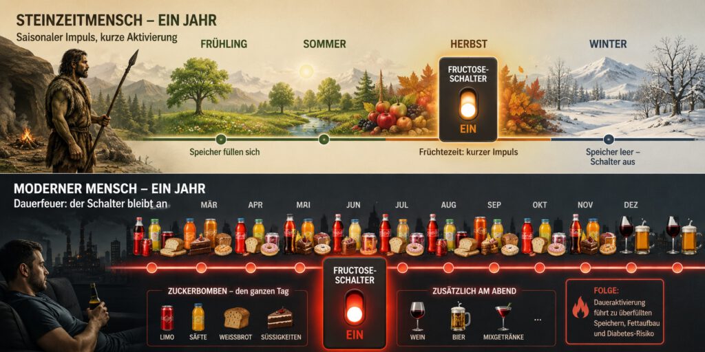 Infografik zum „Fructose-Schalter“: Oben zeigt ein Steinzeit-Jahr die kurze Aktivierung durch saisonale Früchte im Herbst und anschließend leere Speicher im Winter. Unten halten ganzjährig verfügbare zuckerreiche Lebensmittel und Getränke sowie zusätzlicher Alkohol am Abend den Stoffwechselschalter nahezu dauerhaft auf „Ein“.