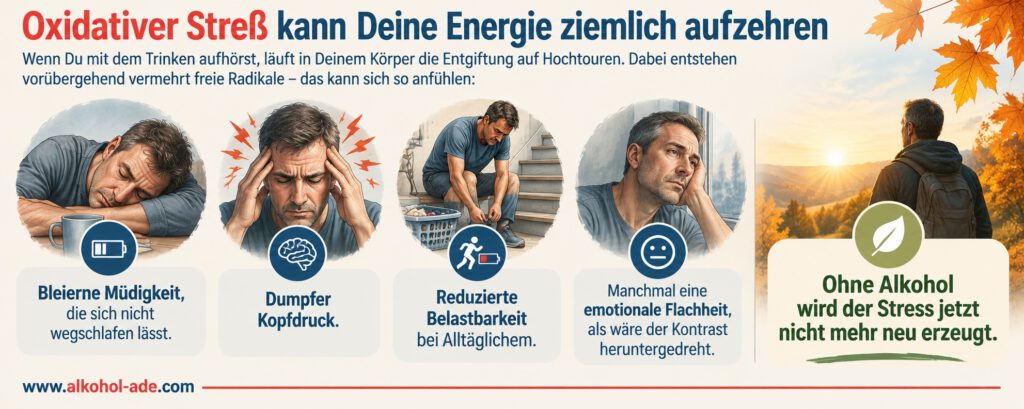 Infografik zu oxidativem Stress nach dem Alkoholverzicht: Bleierne Müdigkeit, dumpfer Kopfdruck, reduzierte Belastbarkeit und emotionale Flachheit werden bildlich dargestellt. Die positive Aussicht: Ohne Alkohol wird der Stress nicht mehr neu erzeugt.