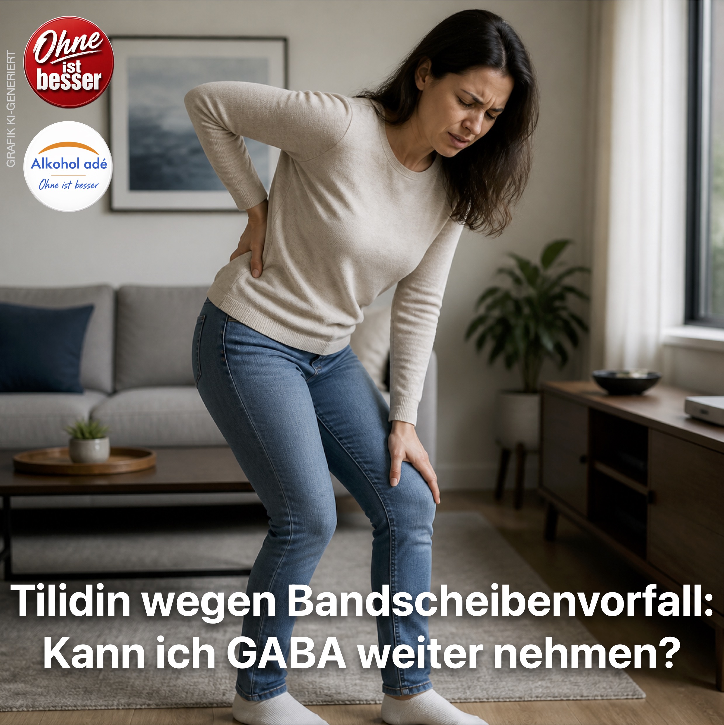 Frau beugt sich mit schmerzverzerrtem Gesicht nach vorn und hält sich den unteren Rücken sowie das linke Bein.