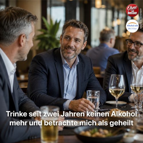 Drei Männer bei einem geschäftlichen Essen im Restaurant. Während die Kollegen Bier und Wein trinken, sitzt der Mann in der Mitte entspannt mit einem Glas Wasser am Tisch.