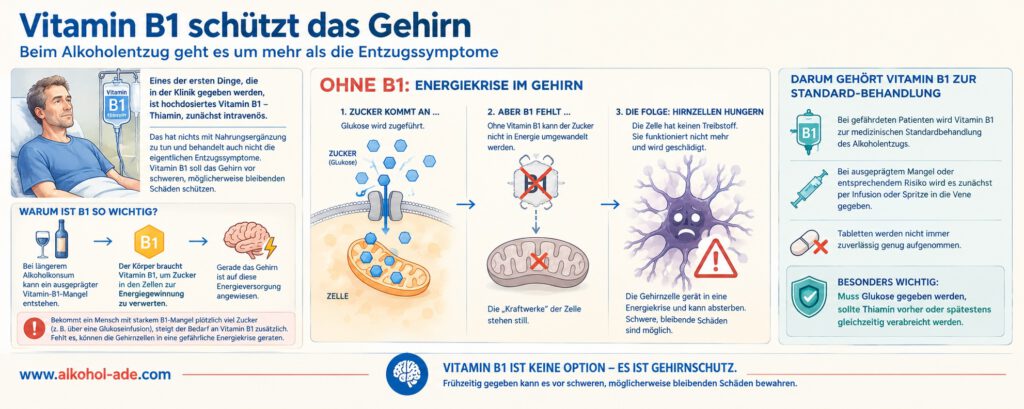 Infografik zur Bedeutung von Vitamin B1 beim Alkoholentzug: Sie zeigt, wie ein Thiaminmangel die Energiegewinnung aus Glukose in den Gehirnzellen stört. Ohne ausreichend Vitamin B1 geraten die Mitochondrien und damit die Hirnzellen in eine Energiekrise, wodurch schwere und bleibende Schäden entstehen können. Bei gefährdeten Patienten wird Vitamin B1 deshalb hochdosiert, häufig intravenös, und bei notwendiger Glukosegabe vorher oder spätestens gleichzeitig verabreicht.