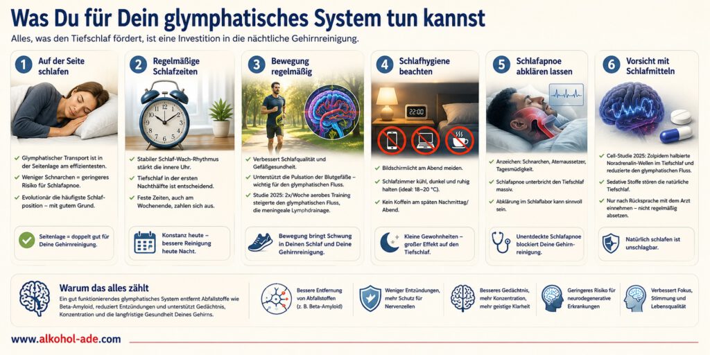 Infografik mit sechs Maßnahmen zur Unterstützung des glymphatischen Systems und der nächtlichen Gehirnreinigung: auf der Seite schlafen, regelmäßige Schlafzeiten einhalten, sich körperlich bewegen, gute Schlafhygiene beachten, mögliche Schlafapnoe abklären lassen und Schlafmittel nur mit ärztlicher Rücksprache verwenden.