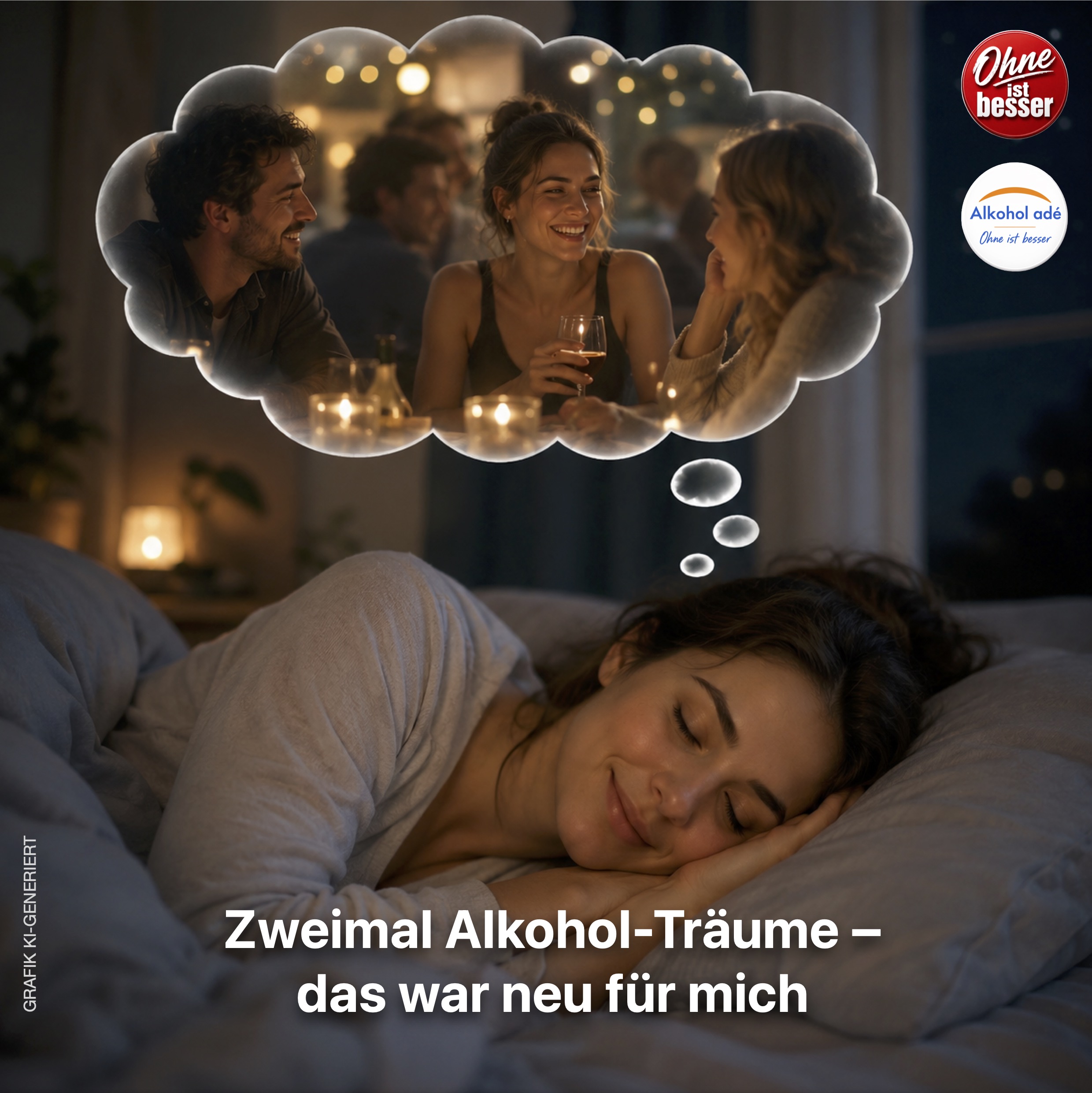 Schlafende Frau in einem abgedunkelten Schlafzimmer. In einer Traumblase erscheint eine gesellige Szene mit vertrauten Menschen und Alkohol – ruhig und positiv, ohne bedrohliche Stimmung.