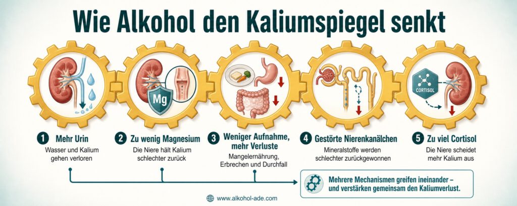 Infografik „Wie Alkohol den Kaliumspiegel senkt“: Fünf ineinandergreifende Zahnräder zeigen die wichtigsten Mechanismen. Alkohol steigert die Urinausscheidung, Magnesiummangel erschwert das Zurückhalten von Kalium, Mangelernährung sowie Erbrechen und Durchfall verursachen zusätzliche Verluste, geschädigte Nierenkanälchen gewinnen Mineralstoffe schlechter zurück und zu viel Cortisol erhöht die Kaliumausscheidung. Die Mechanismen verstärken sich gegenseitig.