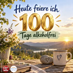 Grafik zum Meilenstein „Heute feiere ich 100 Tage alkoholfrei“ mit großer goldener 100 vor einer sonnigen Landschaft. Blumen, Tasse und Herzstein unterstreichen die positive, zuversichtliche Stimmung.