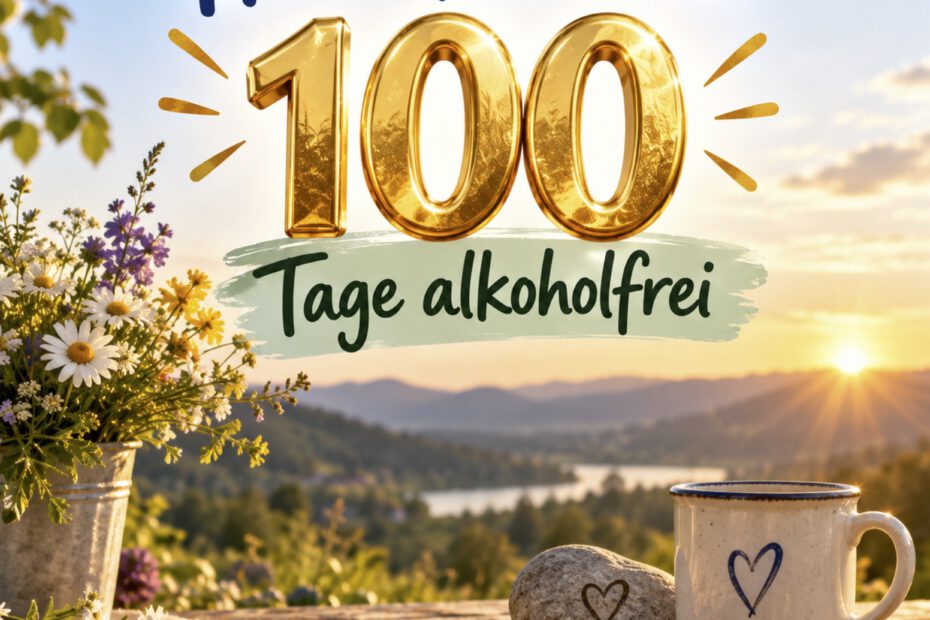 Grafik zum Meilenstein „Heute feiere ich 100 Tage alkoholfrei“ mit großer goldener 100 vor einer sonnigen Landschaft. Blumen, Tasse und Herzstein unterstreichen die positive, zuversichtliche Stimmung.