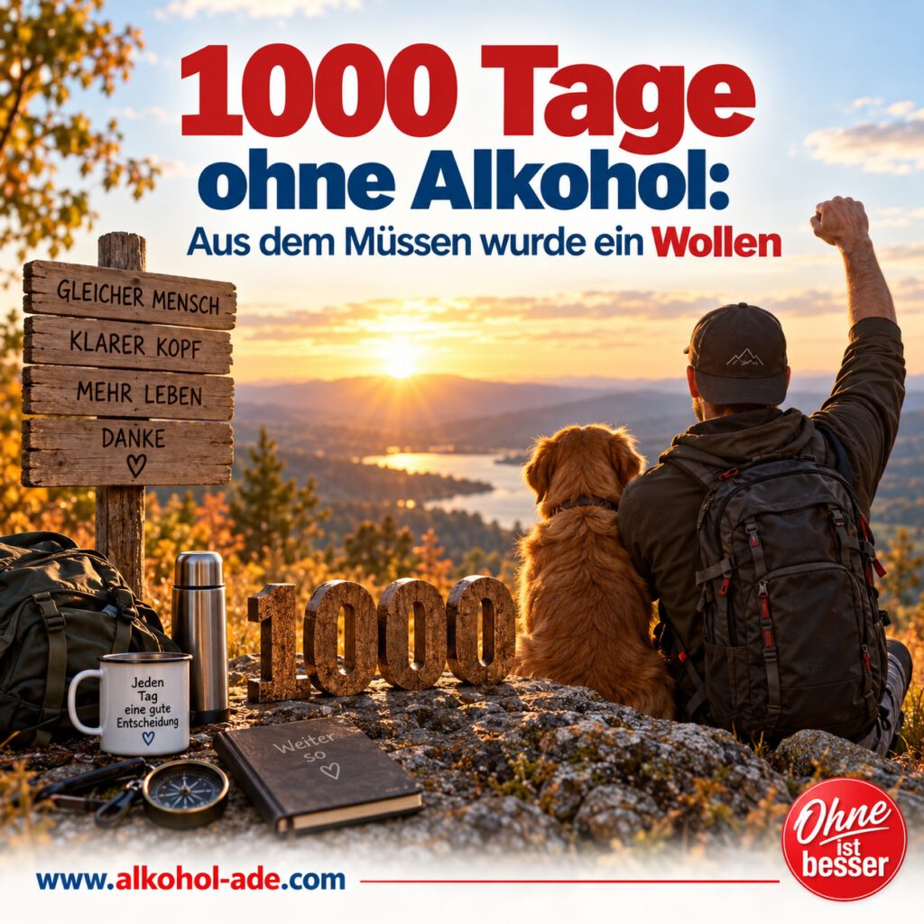 Mann mit Hund sitzt bei Sonnenuntergang auf einem Aussichtspunkt und hebt jubelnd die Faust. Vor ihm steht groß die Zahl 1.000. Im Bild die Überschrift „1000 Tage ohne Alkohol: Aus dem Müssen wurde ein Wollen“ – als Symbol für einen gefeierten Meilenstein und die gewonnene Freiheit nach 1000 alkoholfreien Tagen.