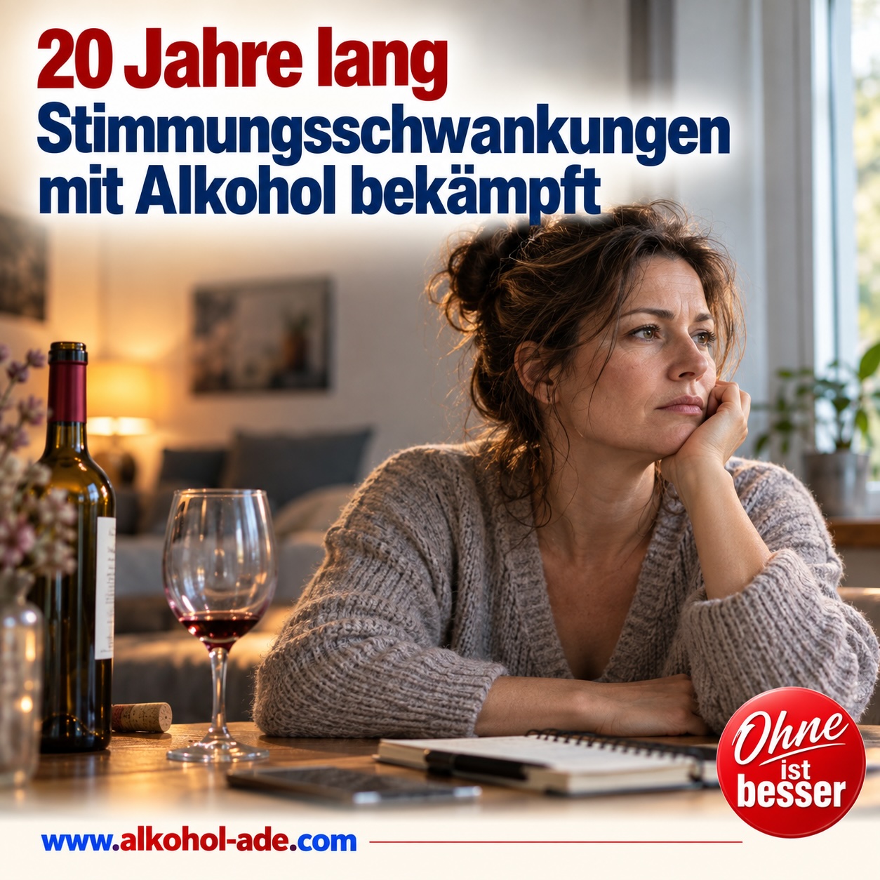Nachdenkliche Frau sitzt zu Hause an einem Tisch, vor ihr eine Weinflasche und ein teilweise gefülltes Rotweinglas. Ihr ernster Blick vermittelt die Belastung durch langjährige Stimmungsschwankungen und Alkoholkonsum. Überschrift: „20 Jahre lang Stimmungsschwankungen mit Alkohol bekämpft.“
