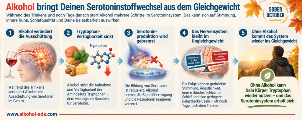 Infografik: Wie Alkohol den Serotoninstoffwechsel stört – und wie er sich ohne Alkohol erholt