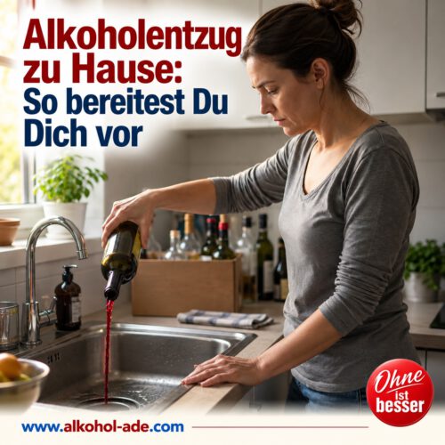 Frau steht in ihrer Küche und gießt Rotwein aus einer Flasche in die Spüle. Hinter ihr steht eine Kiste mit weiteren Alkoholflaschen – sie entfernt ihren Alkoholvorrat aus der Wohnung.