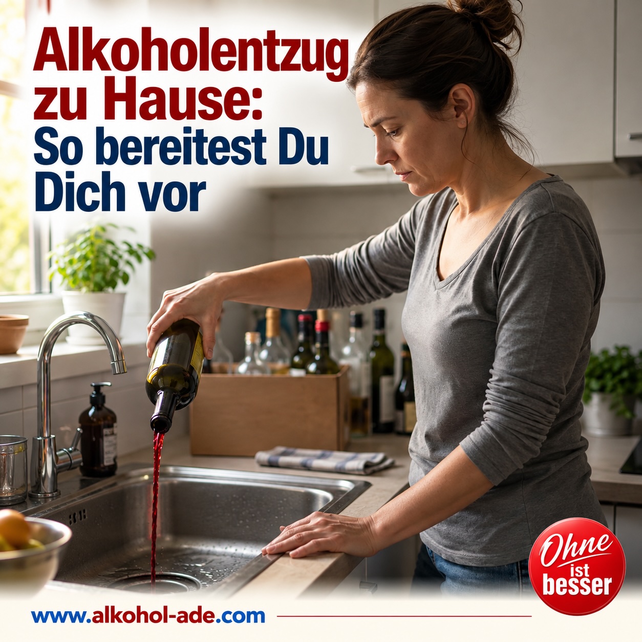 Frau steht in ihrer Küche und gießt Rotwein aus einer Flasche in die Spüle. Hinter ihr steht eine Kiste mit weiteren Alkoholflaschen – sie entfernt ihren Alkoholvorrat aus der Wohnung.