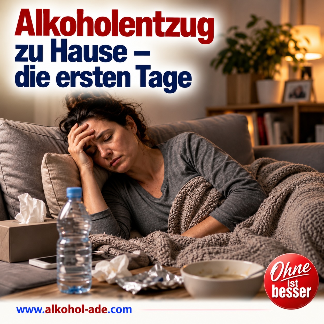 Erschöpfte Frau liegt während der ersten Tage eines Alkoholentzugs zu Hause auf dem Sofa, in eine Decke gehüllt und mit der Hand an der Stirn. Auf dem Tisch stehen Wasser, Taschentücher und eine Schale. Überschrift: „Alkoholentzug zu Hause – die ersten Tage.“