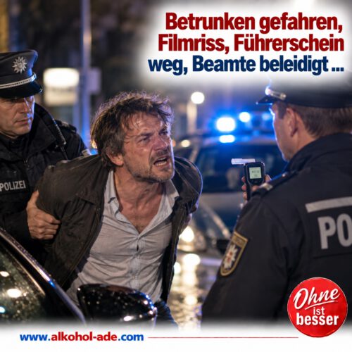 Betrunkener, aufgebrachter Mann diskutiert nachts neben seinem Auto mit zwei Polizeibeamten, während einer einen Atemalkoholtester hält. Im Hintergrund leuchtet das Blaulicht eines Polizeiwagens. Überschrift: „Betrunken gefahren, Filmriss, Führerschein weg, Beamte beleidigt …“
