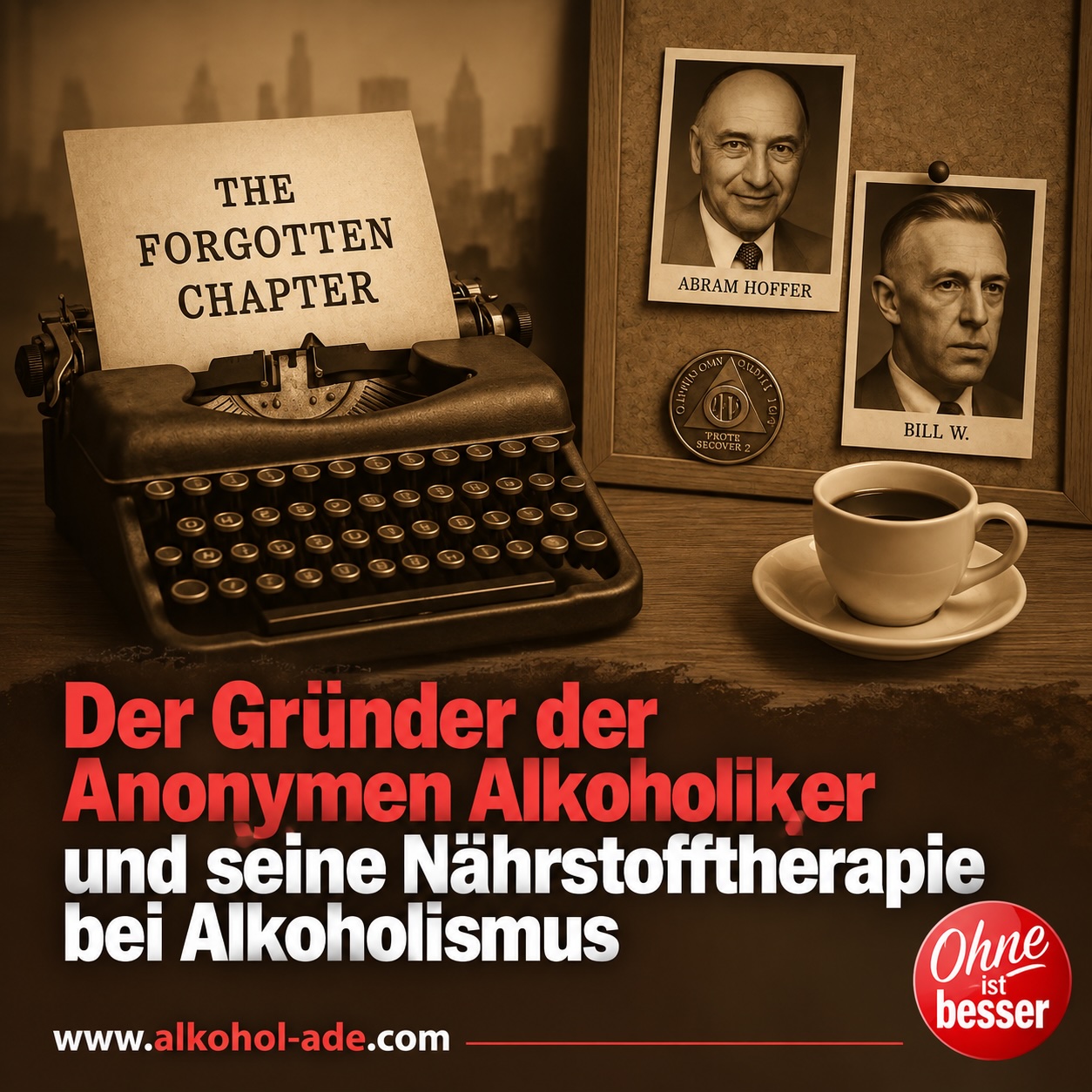 Historische Collage in Sepiatönen mit Schreibmaschine, dem Schriftzug „The Forgotten Chapter“ sowie Porträts von Abram Hoffer und Bill W. Überschrift: „Der Gründer der Anonymen Alkoholiker und seine Nährstofftherapie bei Alkoholismus.“