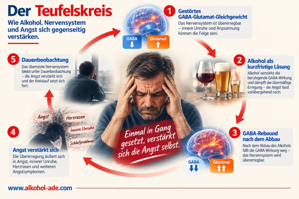 Infografik zum Teufelskreis aus gestörtem GABA-Glutamat-Gleichgewicht, Alkohol und Angst. Ein übererregbares Nervensystem kann zunächst innere Unruhe und Anspannung auslösen. Alkohol verstärkt kurzfristig die beruhigende GABA-Wirkung und kann die Beschwerden vorübergehend dämpfen. Nach dem Alkoholabbau folgt ein GABA-Rebound mit erneuter Übererregung. Angst, Herzrasen, innere Unruhe und Schlafprobleme verstärken die Selbstbeobachtung und können so den Kreislauf weiter antreiben.