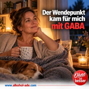 Entspannte Frau sitzt abends mit einer Tasse auf dem Sofa, eingekuschelt in eine Decke, während neben ihr ein Hund schläft. Im Bild steht die Überschrift: „Der Wendepunkt kam für mich mit GABA“.