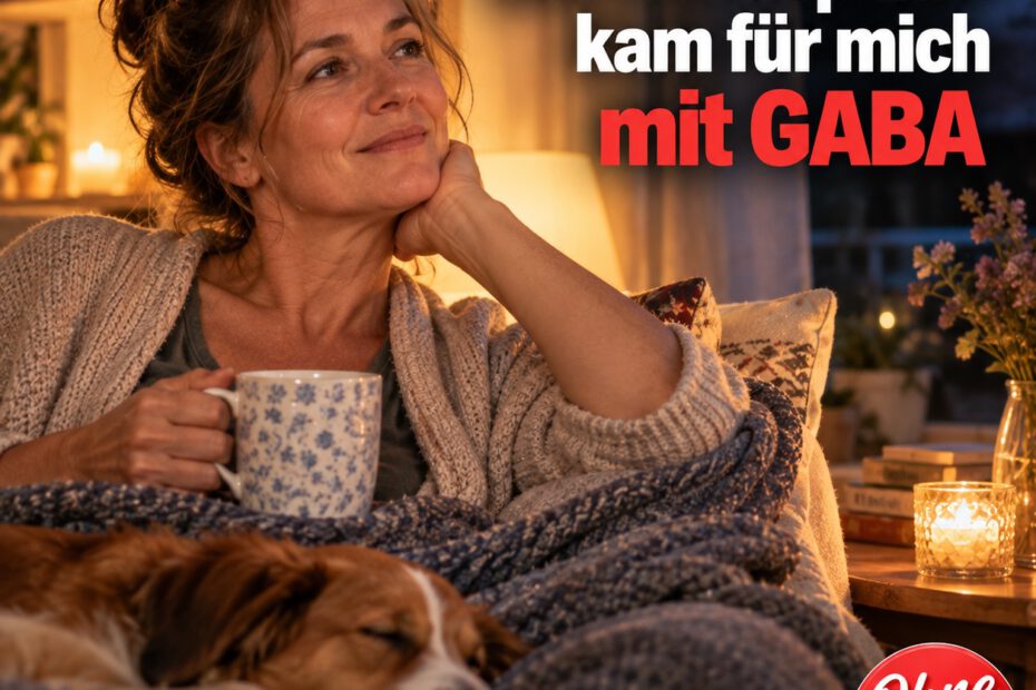 Entspannte Frau sitzt abends mit einer Tasse auf dem Sofa, eingekuschelt in eine Decke, während neben ihr ein Hund schläft. Im Bild steht die Überschrift: „Der Wendepunkt kam für mich mit GABA“.