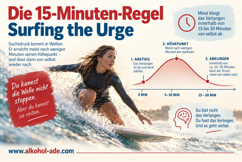 Infografik „Die 15-Minuten-Regel – Surfing the Urge“: Eine Surferin auf einer Welle veranschaulicht akuten Suchtdruck. Eine Kurve zeigt die drei Phasen Anstieg, Höhepunkt nach wenigen Minuten und anschließendes Abklingen innerhalb von etwa 15 bis 30 Minuten. Kernaussage: „Du kannst die Welle nicht stoppen. Aber du kannst sie reiten.“ Die Grafik verdeutlicht, dass Verlangen vorübergeht, wenn man ihm nicht nachgibt.