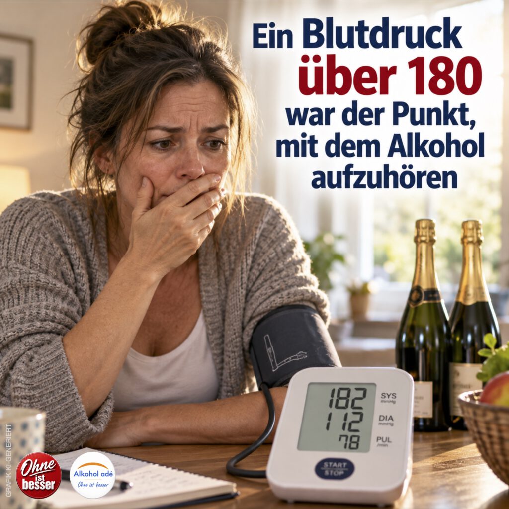 Erschrockene Frau misst zu Hause einen Blutdruck von über 180; zwei ungeöffnete Sektflaschen stehen hinter ihr – der gesundheitliche Warnschuss wird zum Anlass, mit Alkohol aufzuhören.
