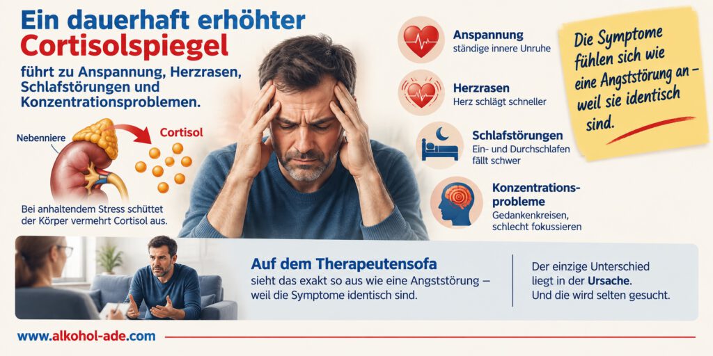Infografik zu den Folgen eines dauerhaft erhöhten Cortisolspiegels. Dargestellt sind die Nebennieren als Quelle von Cortisol sowie ein angespannt wirkender Mann. Als typische Beschwerden werden innere Unruhe und Anspannung, Herzrasen, Schlafstörungen und Konzentrationsprobleme gezeigt. Eine Therapieszene verdeutlicht, dass diese Symptome wie eine Angststörung wirken können, obwohl die zugrunde liegende Ursache eine andere sein kann und deshalb gezielt gesucht werden muss.