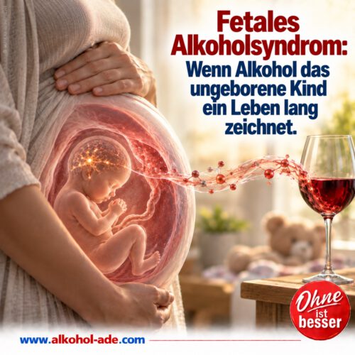 Schwangere Frau hält schützend ihren Bauch, in dem ein ungeborenes Kind sichtbar ist. Eine symbolische Spur führt von einem Weinglas zum Fetus; im Kopf deutet ein neuronales Netzwerk die mögliche Störung der Gehirnentwicklung durch Alkohol an. Überschrift: „Fetales Alkoholsyndrom: Wenn Alkohol das ungeborene Kind ein Leben lang zeichnet.“
