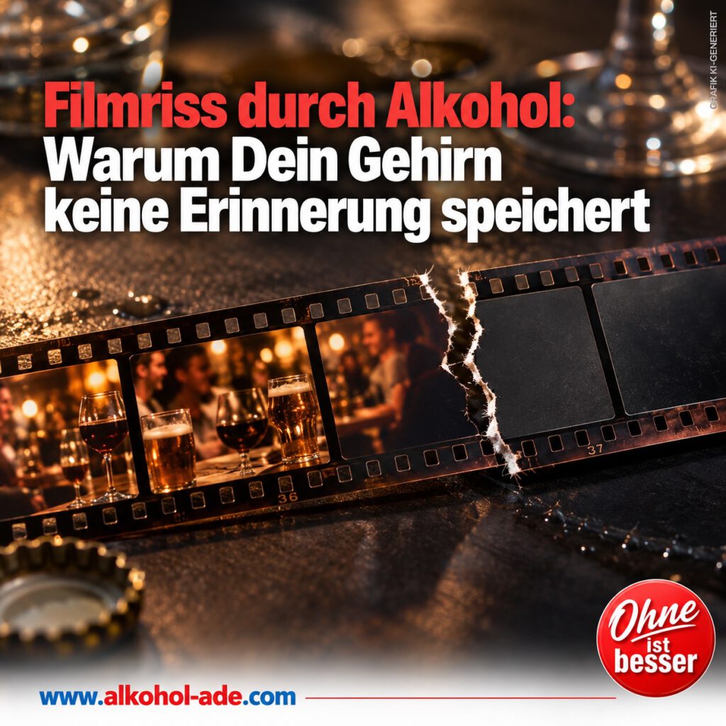 Zerrissener analoger Filmstreifen als Symbol für einen alkoholbedingten Filmriss: Links zeigen die Einzelbilder eine warm beleuchtete Abendszene mit Weingläsern, rechts bleiben die Filmfelder nach dem Riss vollständig schwarz – Sinnbild für Erlebnisse, die nicht im Gedächtnis gespeichert wurden.