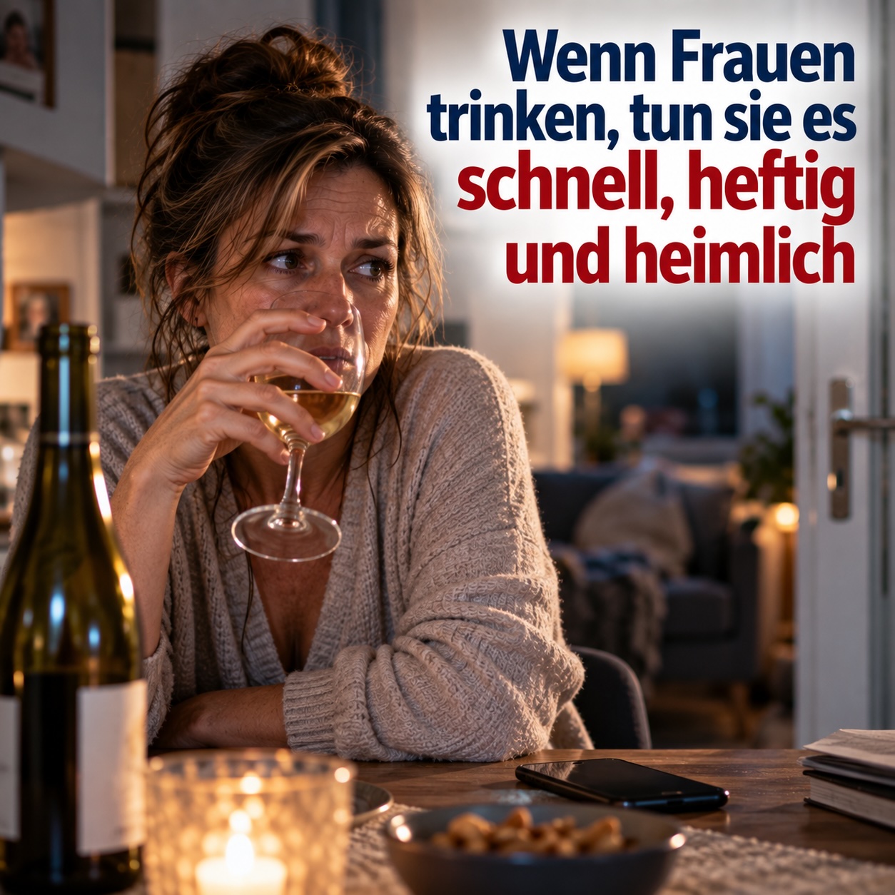 Frau sitzt abends allein zu Hause mit einem Glas Wein am Tisch und blickt angespannt zur Seite – Sinnbild für heimlichen Alkoholkonsum und die damit verbundene Scham.