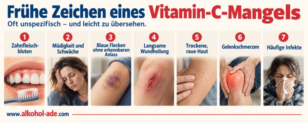 Infografik "Frühe Zeichen eines Vitamin-C-Mangels": Zahnfleischbluten, Müdigkeit und Erschöpfung, blaue Flecken ohne erkennbaren Anlass, schlechte Wundheilung — typische Symptome bei Alkoholikern im Entzug.