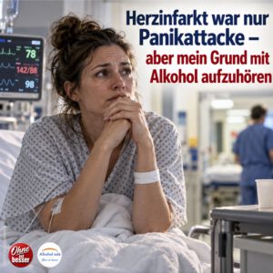 Besorgte Frau sitzt nach einer vermeintlichen Herzattacke im Krankenhausbett – die später diagnostizierte Panikattacke wird für sie zum entscheidenden Anlass, mit Alkohol aufzuhören.