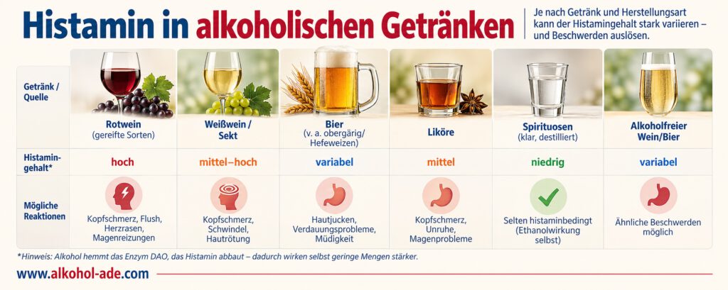Infografik „Histamin in alkoholischen Getränken“: Vergleich von Rotwein, Weißwein/Sekt, Bier, Likören, klaren Spirituosen und alkoholfreiem Wein/Bier hinsichtlich ihres Histamingehalts und möglicher Reaktionen. Rotwein wird als histaminreich, Weißwein und Sekt als mittel bis hoch, Liköre als mittel und klare Spirituosen als niedrig eingestuft; bei Bier und alkoholfreien Varianten ist der Histamingehalt variabel. Genannte mögliche Beschwerden sind unter anderem Kopfschmerzen, Flush, Herzrasen, Magenreizungen, Schwindel, Hautrötung, Hautjucken, Verdauungsprobleme und Müdigkeit. Ein Hinweis erklärt, dass Alkohol das histaminabbauende Enzym DAO hemmt und dadurch bereits geringe Histaminmengen stärker wirken können.