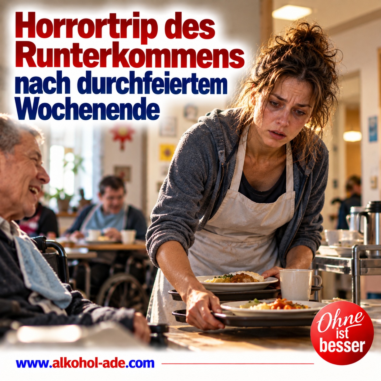 Völlig übermüdete junge Frau verteilt nach einem durchfeierten Wochenende Essen in einem Behindertenwohnheim. Ihre Erschöpfung und ihr angespannter Gesichtsausdruck vermitteln das belastende „Runterkommen“. Überschrift: „Horrortrip des Runterkommens nach durchfeiertem Wochenende.“
