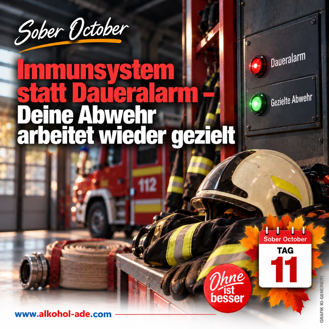 Feuerwehrausrüstung liegt einsatzbereit in einer Feuerwache, daneben zeigt eine Anzeige den Wechsel von „Daueralarm“ zu „Gezielte Abwehr“. Grafik zu Tag 11 des Sober October: „Immunsystem statt Daueralarm – Deine Abwehr arbeitet wieder gezielt“.