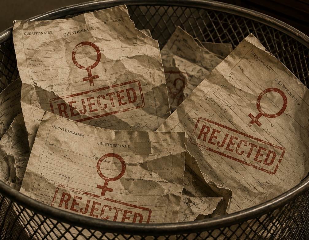 Jellinek sortierte die Fragebögen von Frauen für seine Studie aus, weil sie ihm zu "unordentlich waren: Aussortierte Fragebögen im Papierkorb.