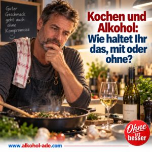 Mann steht nachdenklich beim Kochen in seiner Küche. Neben der Pfanne mit frischen Zutaten stehen eine Weinflasche und ein gefülltes Weinglas. Überschrift: „Kochen und Alkohol: Wie haltet Ihr das, mit oder ohne?“