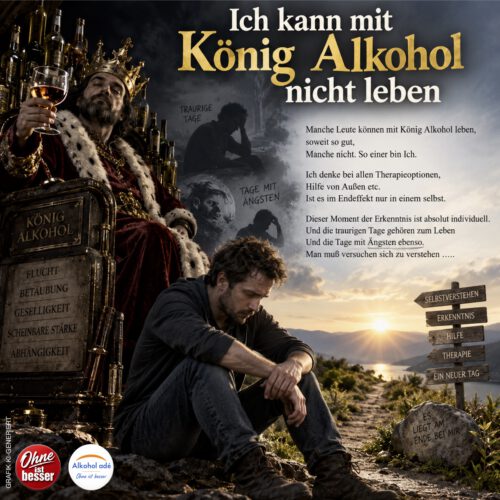 Symbolische Darstellung von „König Alkohol“ auf einem von Flaschen umgebenen Thron; davor sitzt ein nachdenklicher Mann, während ein Weg in Richtung Sonnenaufgang führt.