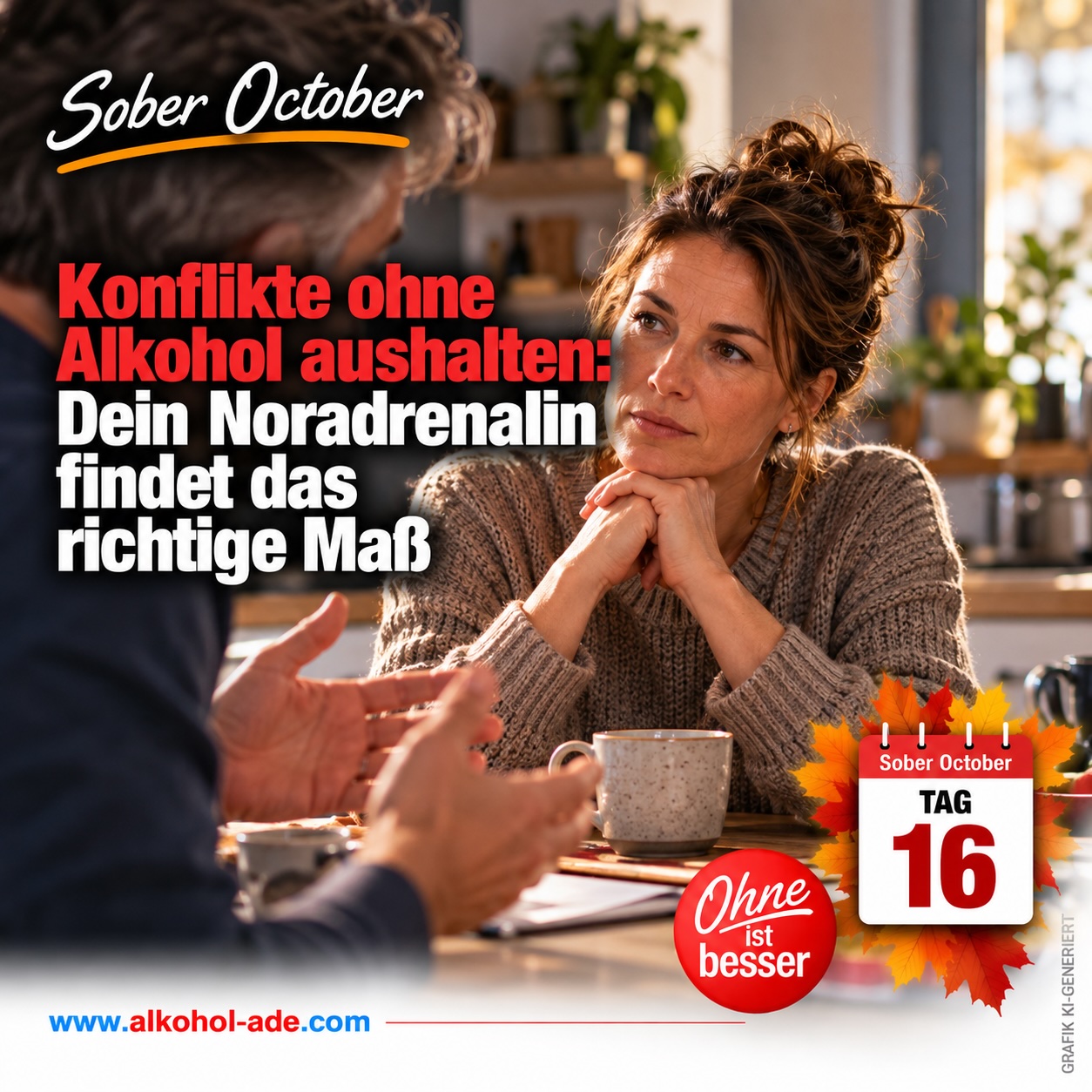 Frau hört ihrem Gegenüber in einer angespannten Gesprächssituation ruhig und aufmerksam zu. Grafik zu Tag 16 des Sober October: „Konflikte ohne Alkohol aushalten: Dein Noradrenalin findet das richtige Maß“.