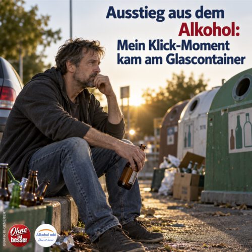 Nachdenklicher Mann mit Bierflasche sitzt an einem Altglascontainer – der Moment, in dem ihm seine Alkoholabhängigkeit bewusst wird und er den Entschluss fasst, nicht mehr zu trinken.