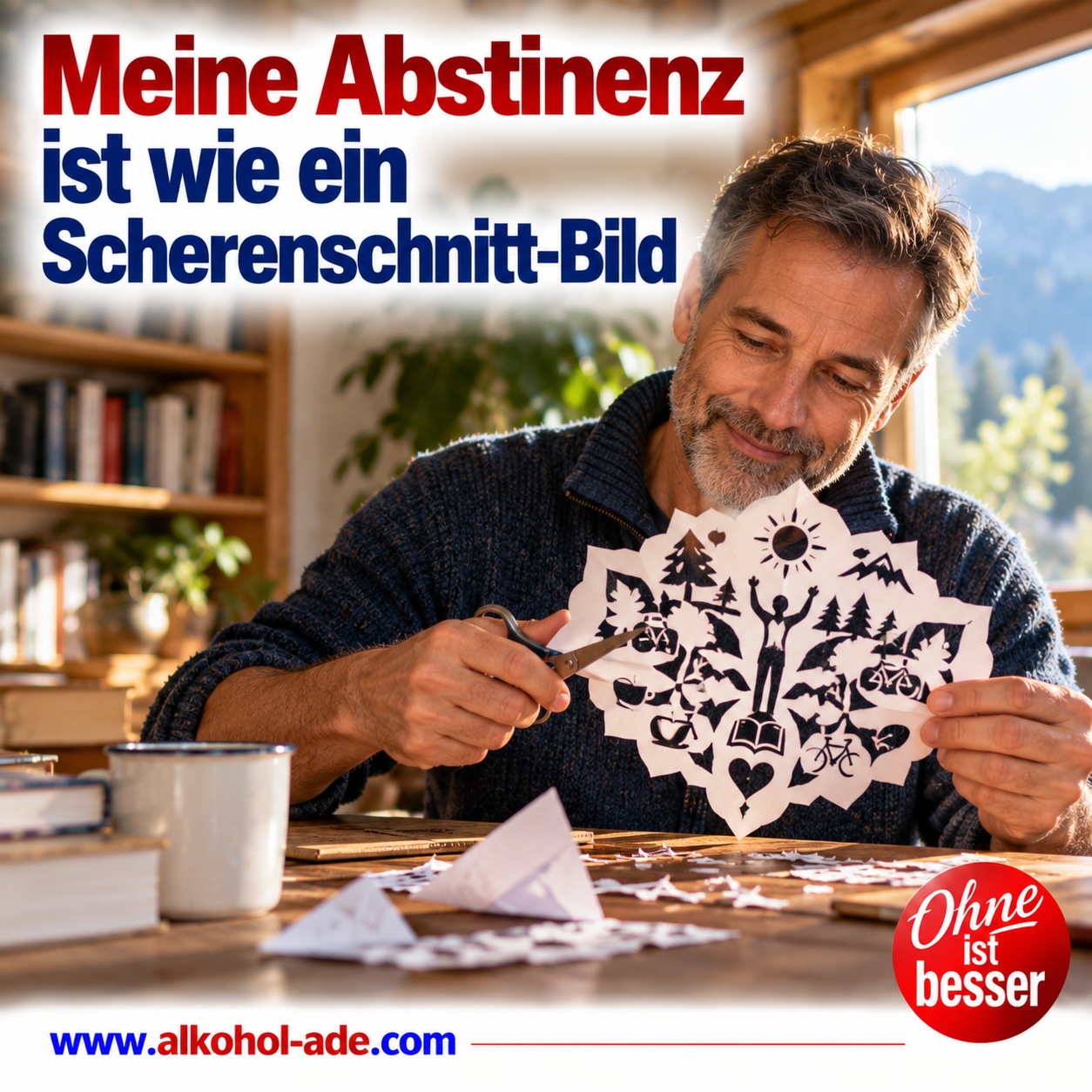 Mann sitzt an einem Tisch und schneidet aus gefaltetem Papier ein detailreiches, symmetrisches Bild mit Symbolen für Bewegung, Natur und persönliche Entwicklung. Überschrift: „Meine Abstinenz ist wie ein Scherenschnitt-Bild.“