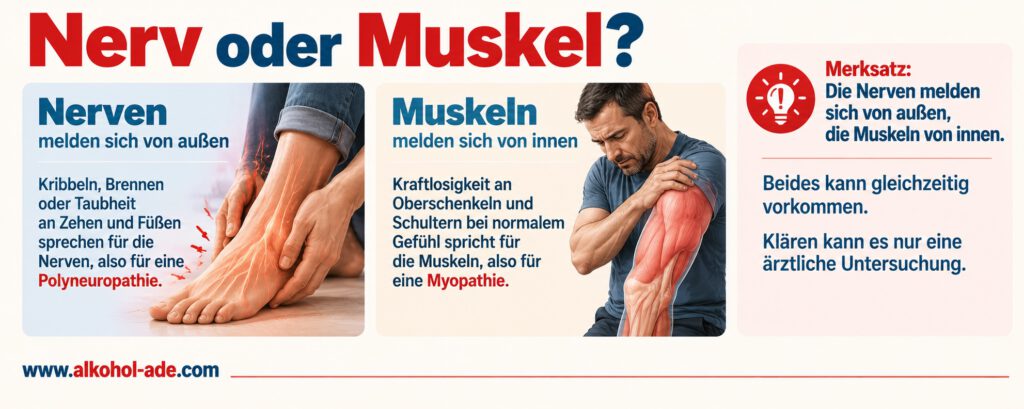 Infografik „Nerv oder Muskel?“ zum Unterschied zwischen Polyneuropathie und Myopathie. Kribbeln, Brennen oder Taubheit an Zehen und Füßen sprechen eher für eine Polyneuropathie; Kraftlosigkeit an Oberschenkeln und Schultern bei normalem Gefühl eher für eine Myopathie. Merksatz: „Die Nerven melden sich von außen, die Muskeln von innen.“ Beide Störungen können gleichzeitig auftreten. Eine ärztliche Untersuchung ist zur Abklärung erforderlich.