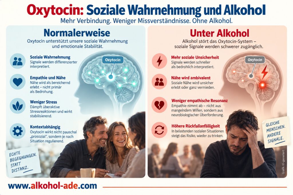 Infografik „Oxytocin: Soziale Wahrnehmung und Alkohol“. Gegenüberstellung der normalen Oxytocin-Wirkung mit den Auswirkungen von Alkohol: Oxytocin unterstützt die differenzierte Wahrnehmung sozialer Signale, Empathie und Nähe, dämpft Stressreaktionen und wirkt kontextabhängig stabilisierend. Unter Alkohol nehmen soziale Unsicherheit und die Wahrnehmung von Bedrohung zu, Nähe wird ambivalenter, die empathische Resonanz kann abnehmen und in belastenden sozialen Situationen die Rückfallanfälligkeit steigen.