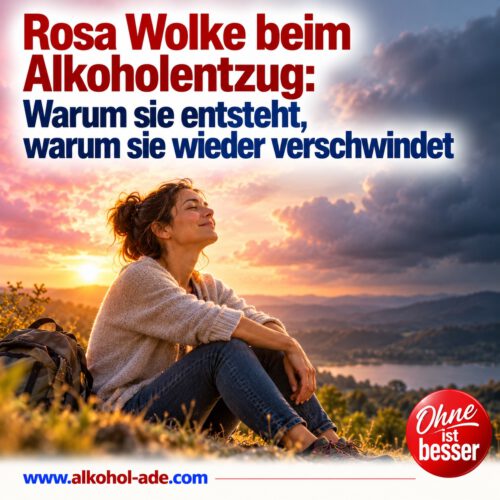 Frau sitzt entspannt auf einer Anhöhe vor einer Landschaft im Abendlicht. Hinter ihr treffen leuchtend rosafarbene Wolken auf dunklere Wolkenfelder und symbolisieren Euphorie und das mögliche emotionale Tief danach. Überschrift: „Rosa Wolke beim Alkoholentzug: Warum sie entsteht, warum sie wieder verschwindet.“
