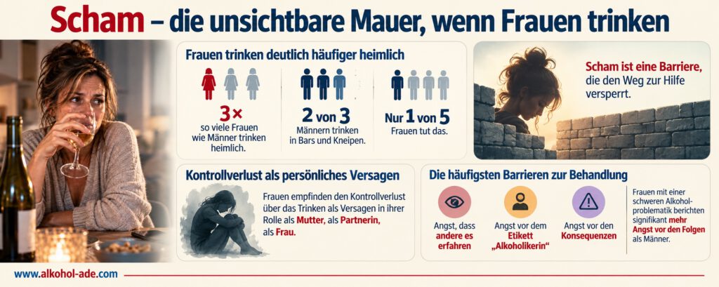 Infografik „Scham – die unsichtbare Mauer, wenn Frauen trinken“. Sie zeigt, dass dreimal so viele Frauen wie Männer heimlich trinken, während zwei von drei Männern, aber nur eine von fünf Frauen in Bars und Kneipen trinken. Scham kann den Weg zur Hilfe versperren: Frauen erleben den Kontrollverlust über Alkohol häufig als persönliches Versagen in ihrer Rolle als Mutter, Partnerin und Frau. Als wichtigste Behandlungsbarrieren werden die Angst vor Bekanntwerden, vor dem Etikett „Alkoholikerin“ und vor Konsequenzen genannt. Frauen mit schwerer Alkoholproblematik berichten mehr Angst vor den Folgen als Männer.