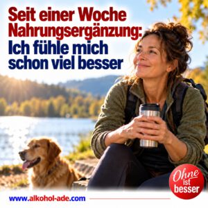 Frau macht bei einer Wanderung mit ihrem Hund eine Pause an einem See und wirkt entspannt und zuversichtlich.