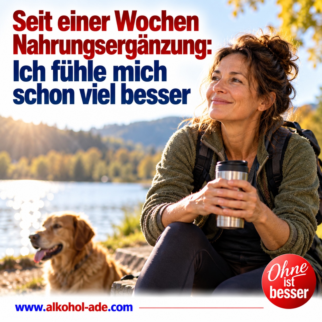 Frau macht bei einer Wanderung mit ihrem Hund eine Pause an einem See und wirkt entspannt und zuversichtlich. Überschrift: „Seit einer Woche Nahrungsergänzung: Ich fühle mich schon viel besser.“