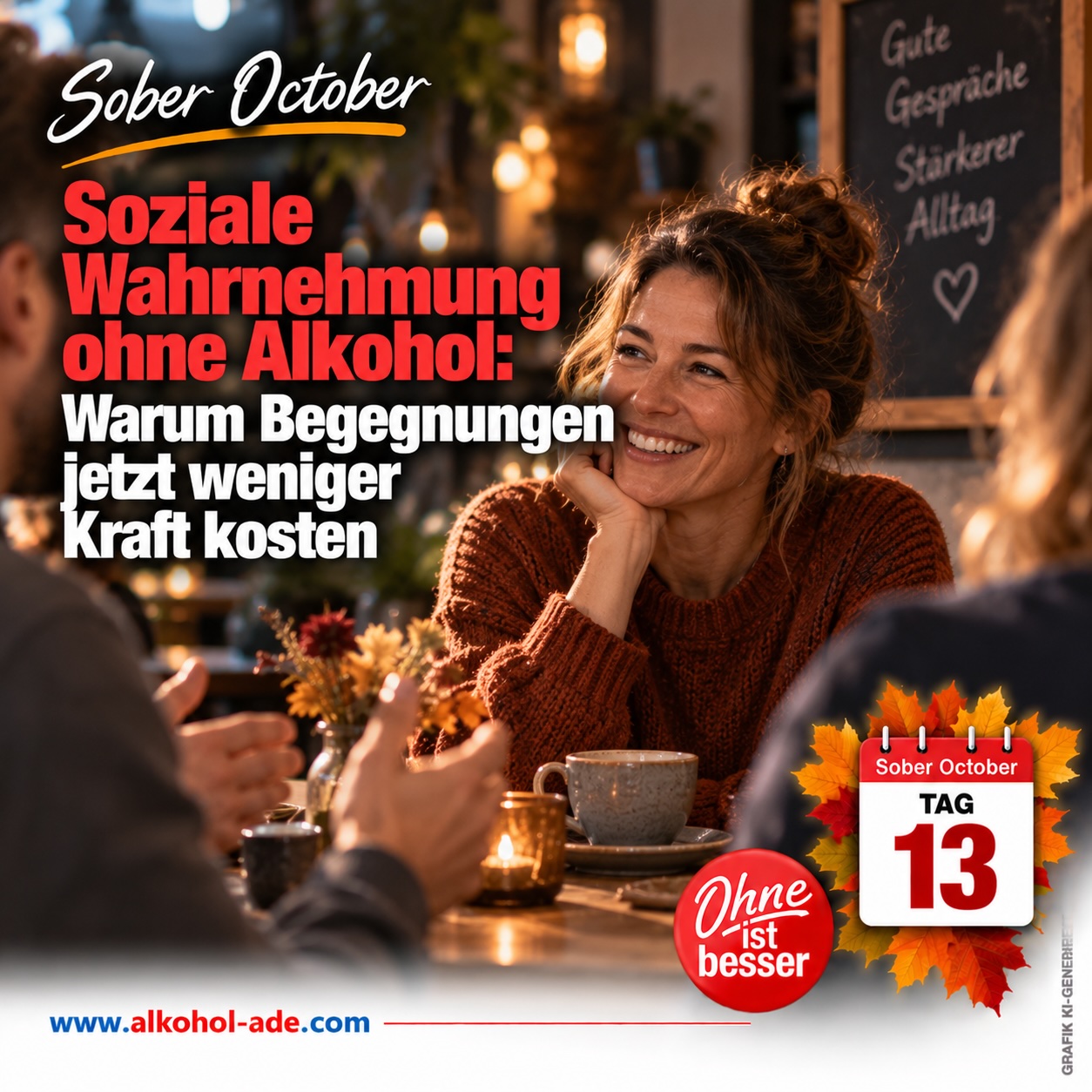 Frau sitzt in entspannter Gesprächsrunde bei Kaffee und hört ihrem Gegenüber aufmerksam und lächelnd zu. Grafik zu Tag 13 des Sober October: „Soziale Wahrnehmung ohne Alkohol: Warum Begegnungen jetzt weniger Kraft kosten“.