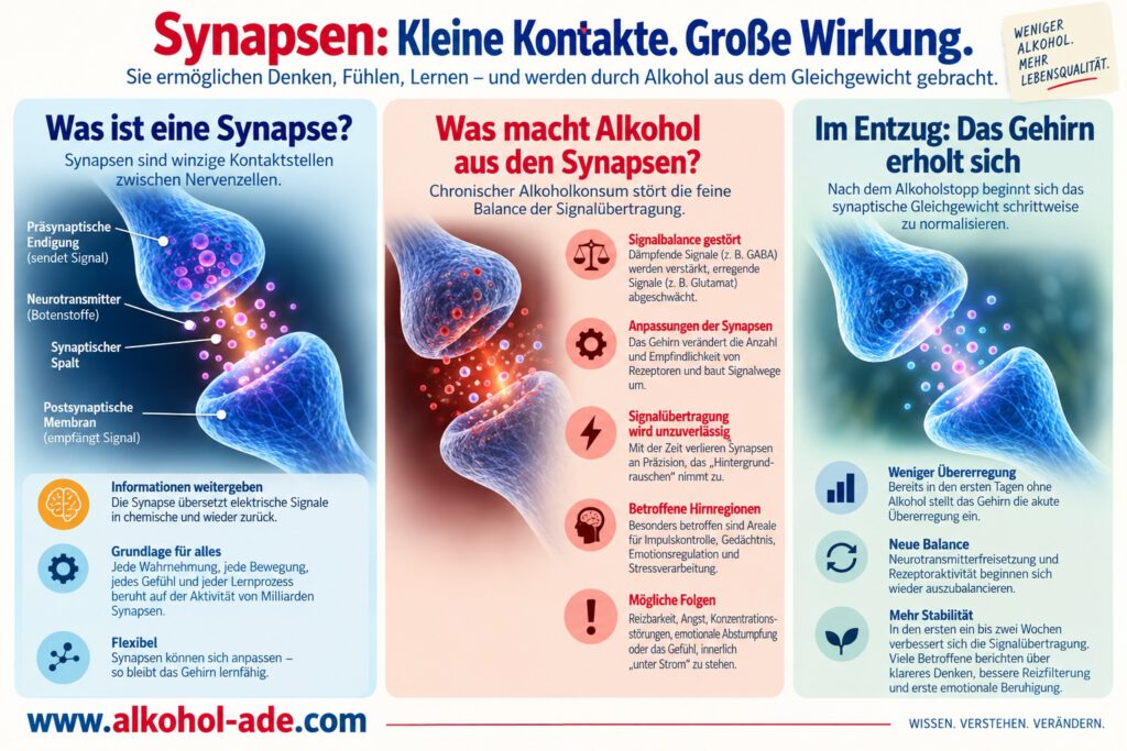 Infografik „Synapsen: Kleine Kontakte. Große Wirkung.“ Links zeigt eine Synapse die Signalübertragung zwischen zwei Nervenzellen über Neurotransmitter und den synaptischen Spalt. In der Mitte werden die Auswirkungen chronischen Alkoholkonsums dargestellt: gestörte Balance zwischen dämpfenden und erregenden Signalen, Anpassungen von Rezeptoren und Signalwegen sowie zunehmend unpräzise Signalübertragung. Rechts zeigt die Grafik die Erholung nach dem Alkoholstopp: Die Übererregung nimmt ab, Neurotransmitter- und Rezeptorsysteme beginnen sich neu auszubalancieren und die Signalverarbeitung kann wieder stabiler werden.